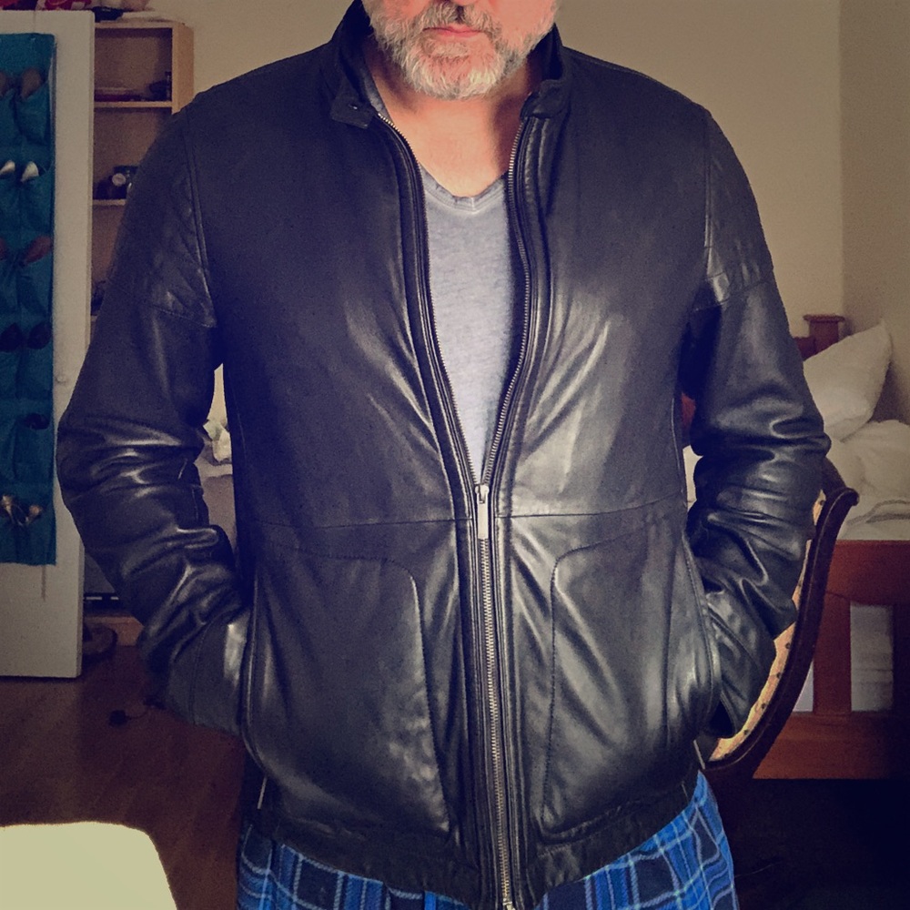 Black leather jacket.